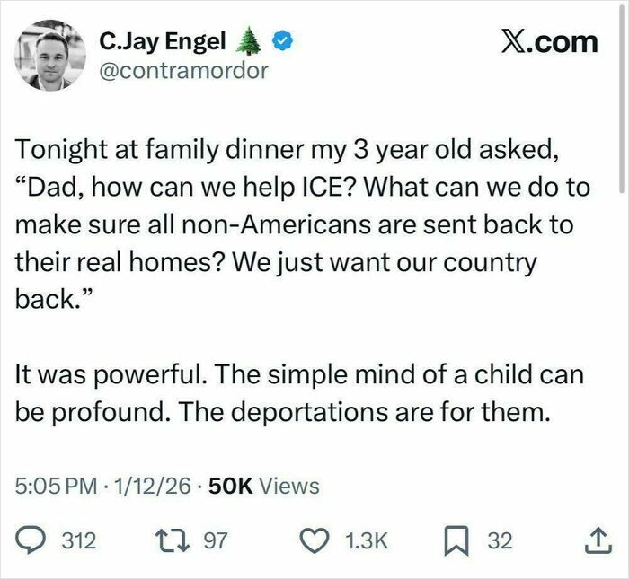 Tweet about child's question on helping ICE and deportation perspective