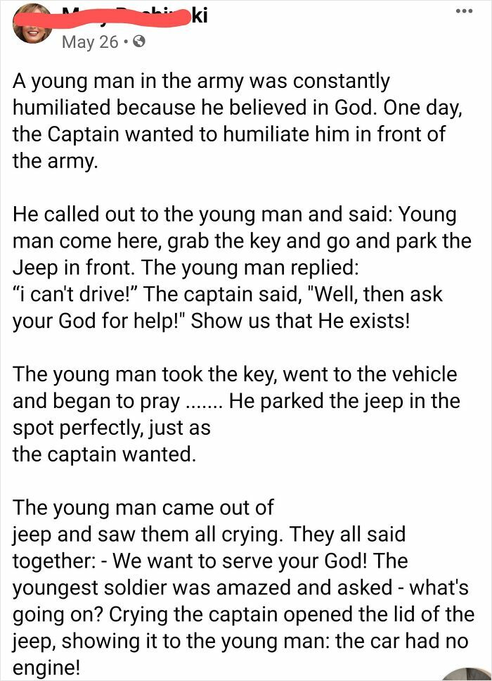 Army young man prays and parks jeep without engine proving faith in God story