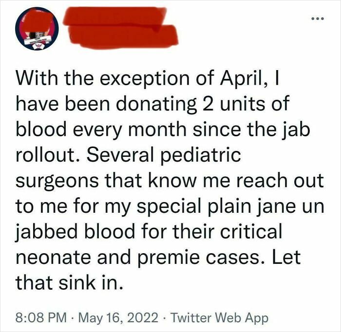 Tweet about donating blood monthly for pediatric surgeons and critical cases