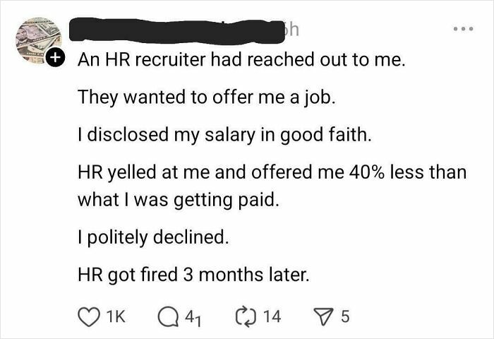 Post describing HR recruiter offering 40% less salary after disclosure