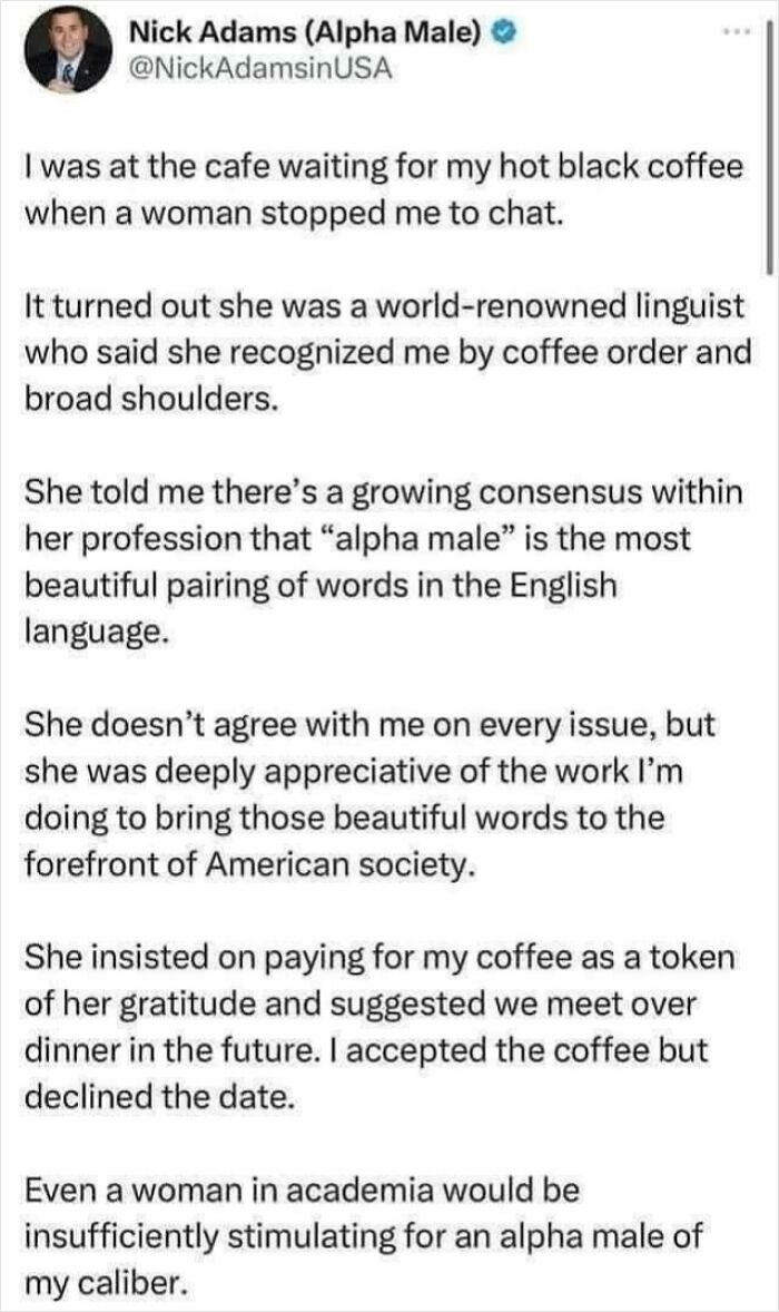 Tweet about alpha male recognition by a linguist at a cafe