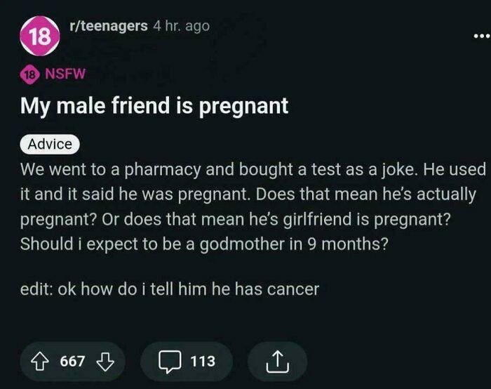 Reddit post joking about a male friend being pregnant with unexpected plot twist
