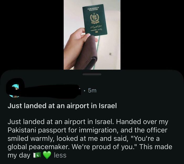 Person holding Pakistani passport with story about landing at an airport in Israel.