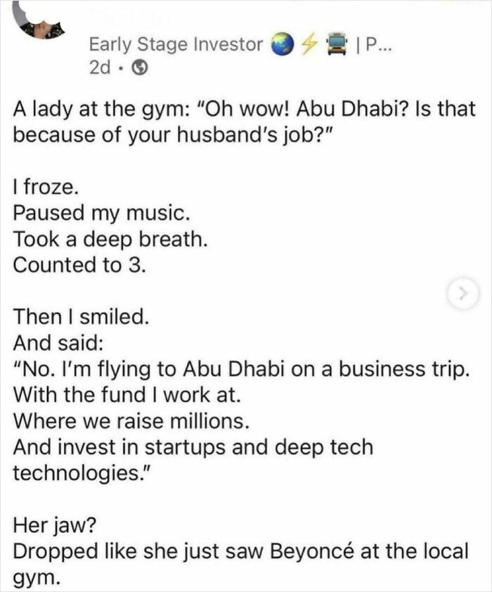 Story about a woman confidently explaining her business trip to Abu Dhabi at the gym.
