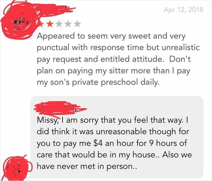 Review dispute about unrealistic pay request for babysitting in parenting context