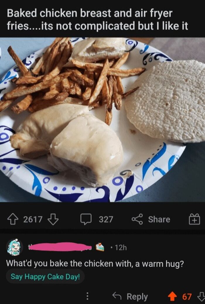 Baked chicken breast with air fryer fries and pita bread on plate