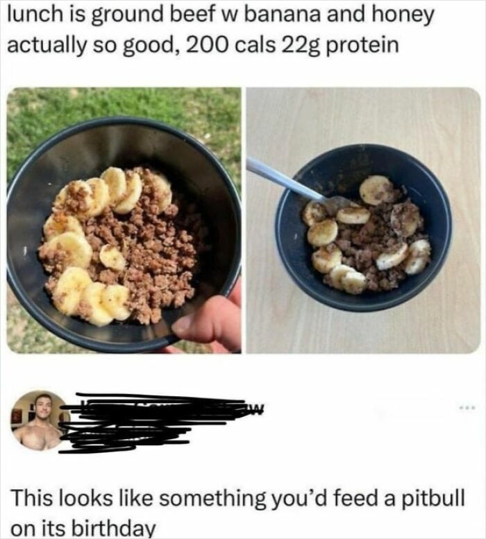 Ground beef with banana and honey in a black bowl meal