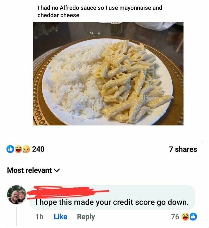 Plate of rice and mayonnaise-cheddar cheese pasta substitute for Alfredo sauce
