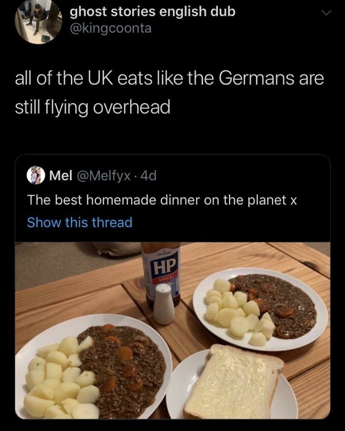 Homemade dinner of potatoes, lentils, carrots with buttered bread and HP sauce criticized