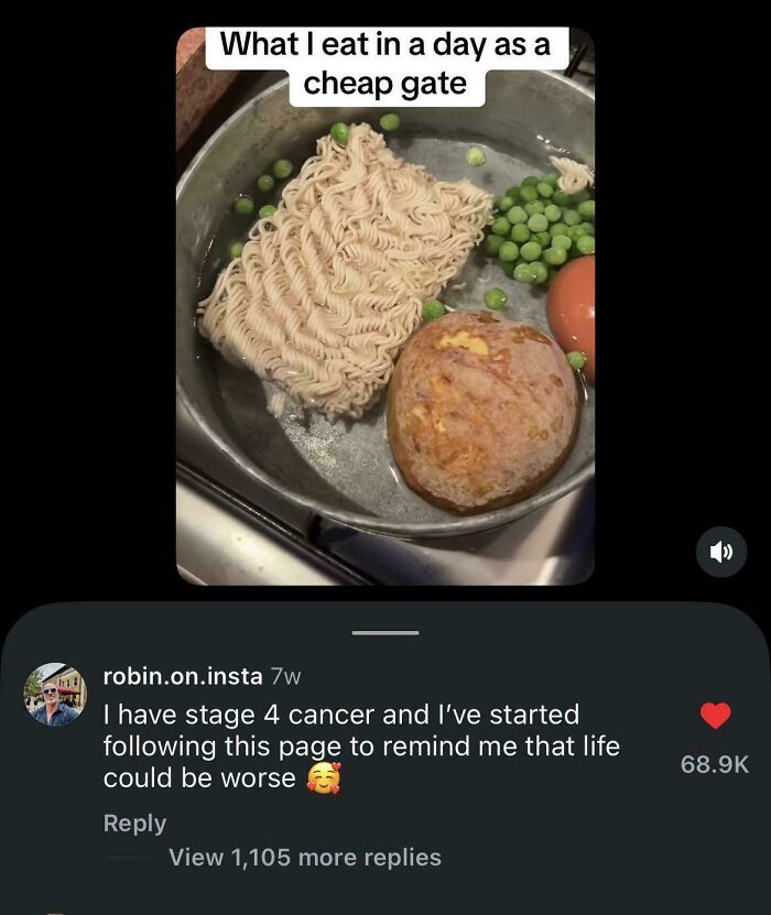 Cheap gate meal of instant noodles, peas, and soft boiled egg in pan shared on social media