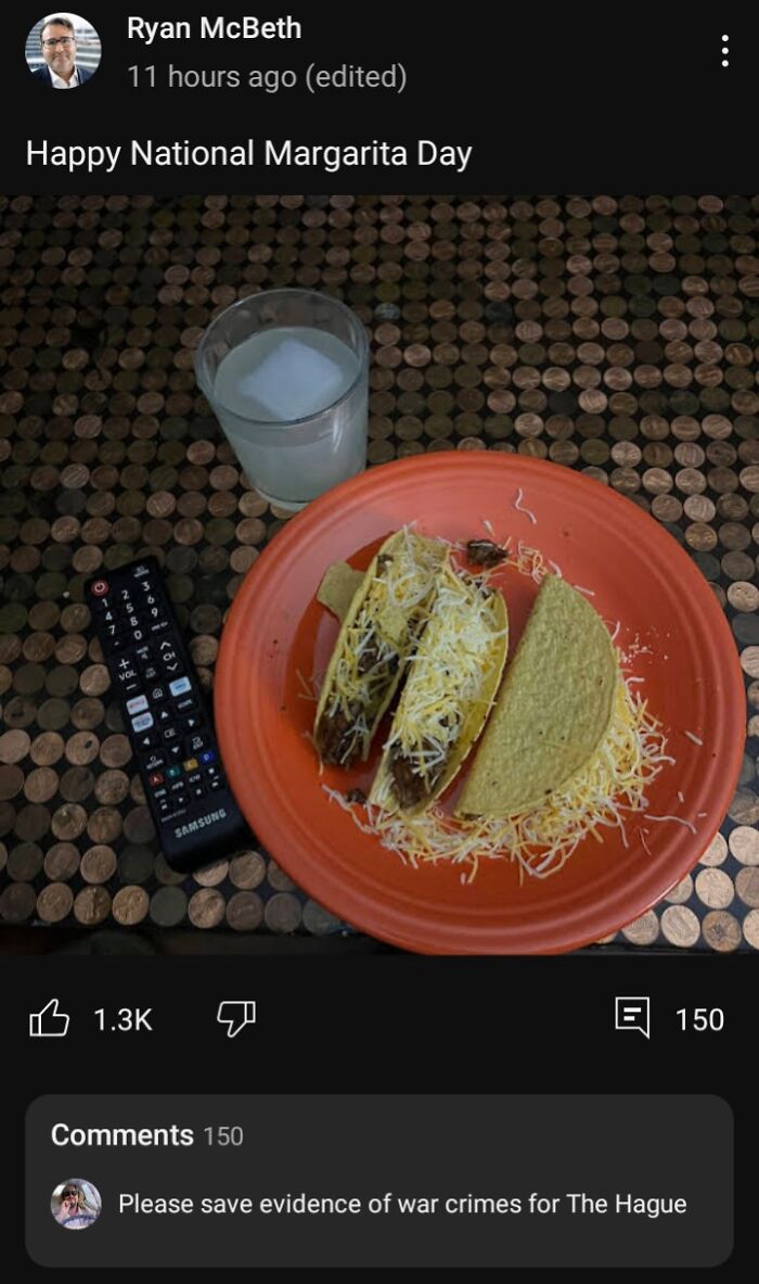Taco shells with shredded cheese on a plate with a margarita, mocked as a disgusting dish