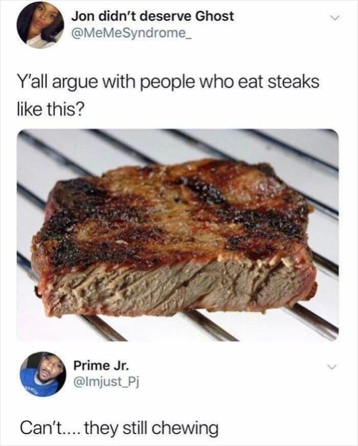 Overcooked steak grilled with burnt exterior, criticized in roast about disgusting dishes