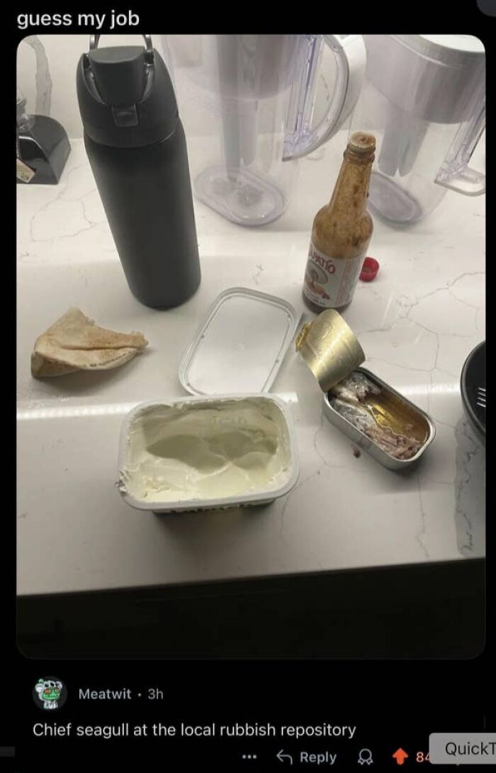 Unappetizing mix of cream cheese, sardines, hot sauce, and pita bread on counter