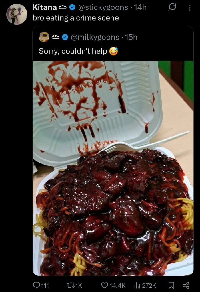 Chinese takeout with dark sauce covering noodles and meat, described as disgusting dish