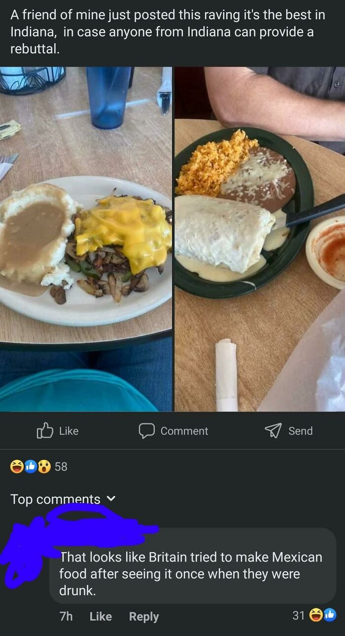 Disgusting Indiana dishes with cheese and gravy on a table, roasted on social media