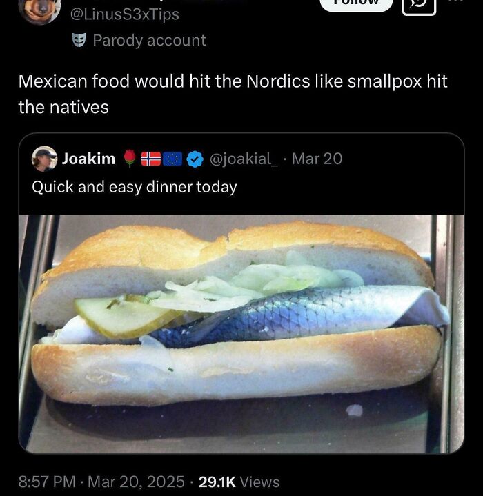 Nordic fish sandwich with pickles and onions roasted as disgusting dish