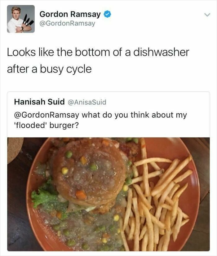 Flooded burger with mixed vegetables and fries roasted by Gordon Ramsay