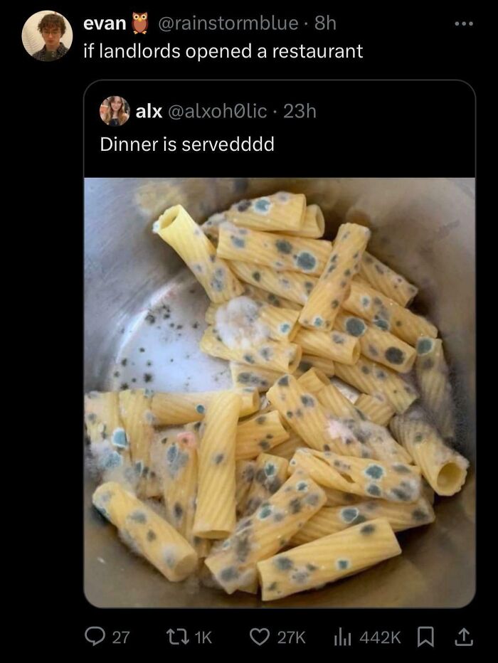 Cooked pasta with mold spots in a pot roasting disgusting dishes