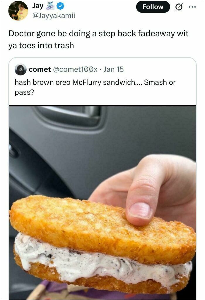 Hash brown Oreo McFlurry sandwich held in hand as a disgusting dish roast
