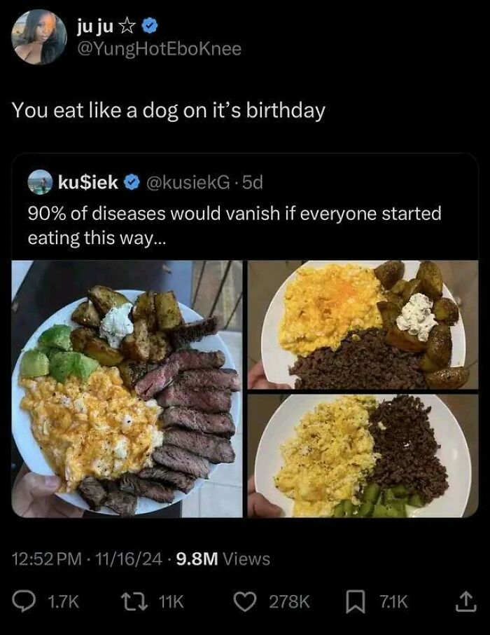 Plates of scrambled eggs ground beef and veggies with meal roasting joke