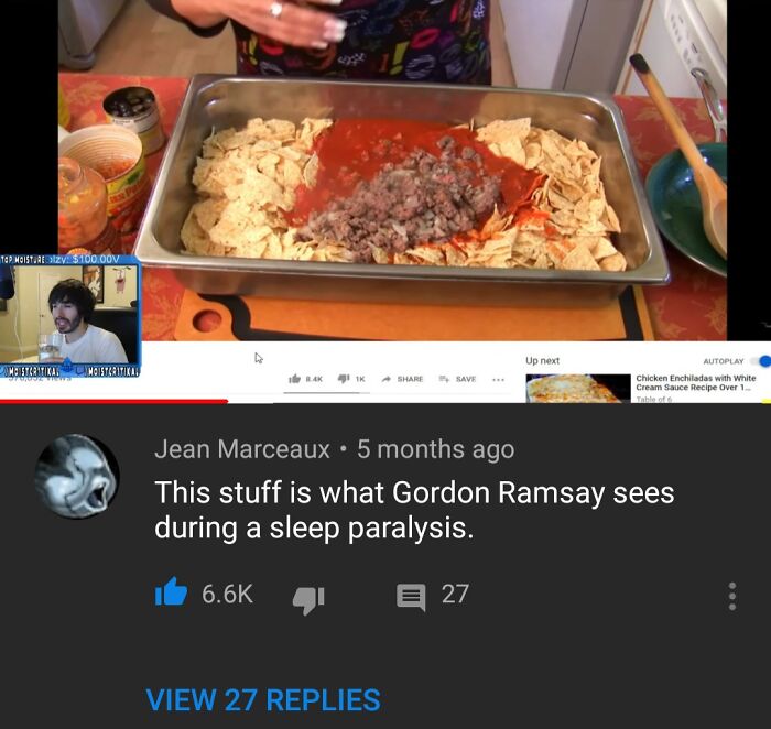 Person preparing a dish with nachos and ground meat roasting disgusting dishes