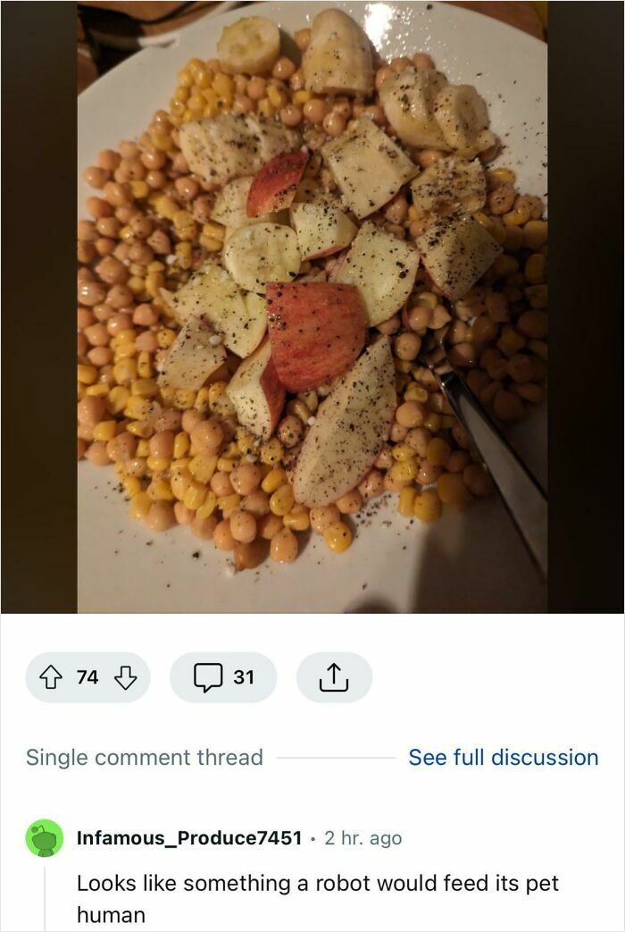 Chickpeas corn and sliced bananas with black pepper on a white plate