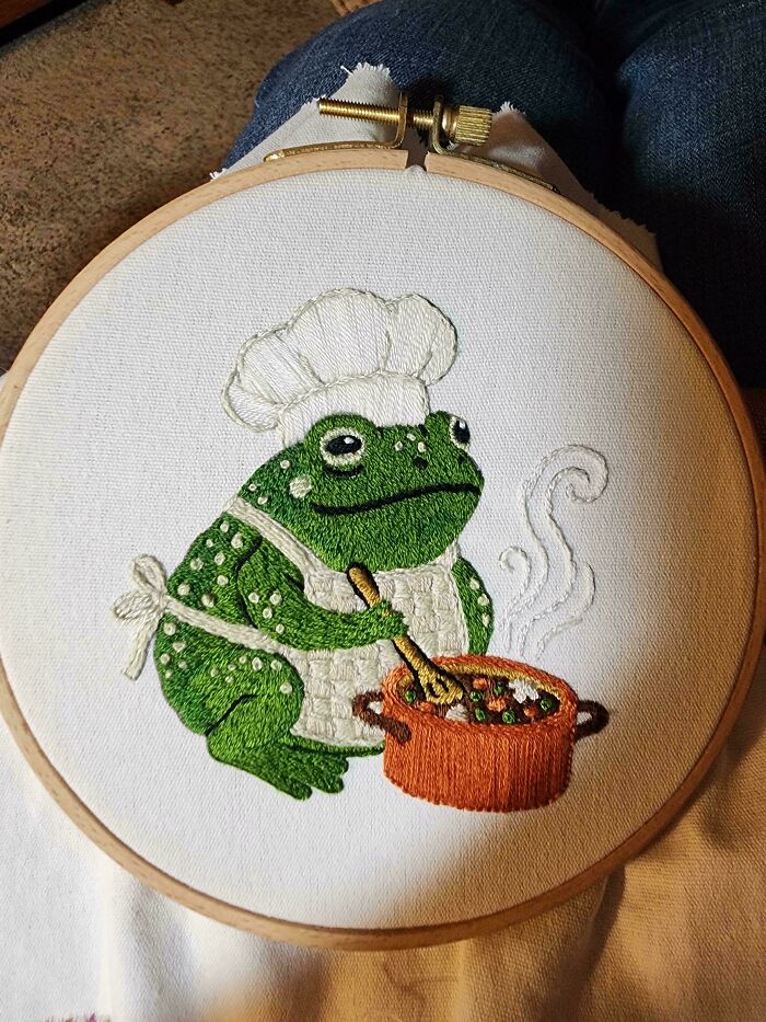 A creative frog chef stirring a pot in one of many embroidery projects