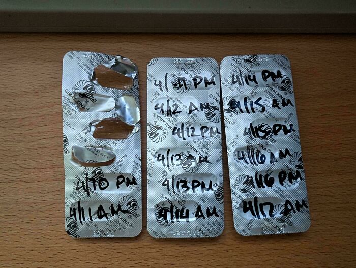 Medication packaging labeled with dates and times for organization