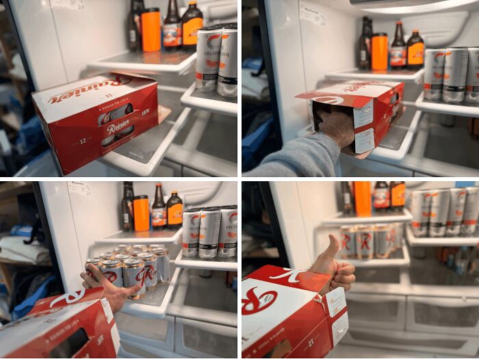 Creative way to remove soda cans from a fridge using the box