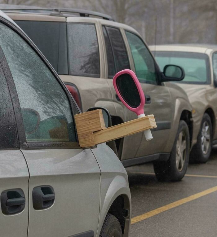 Creative side mirror made from a wooden frame and handheld mirror on a car