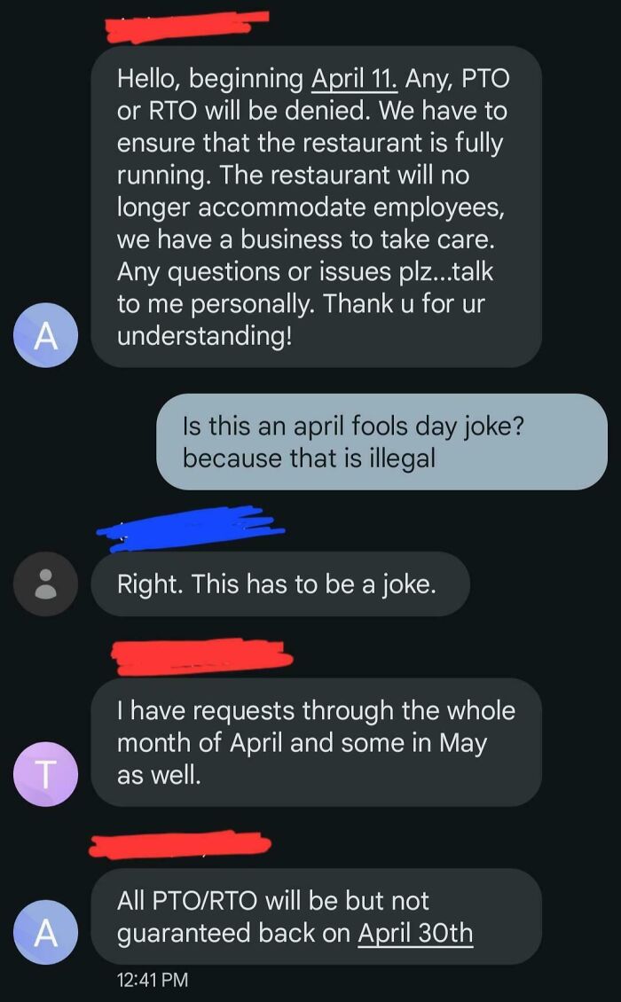 Work chat about denying all PTO or RTO requests through April for restaurant staffing