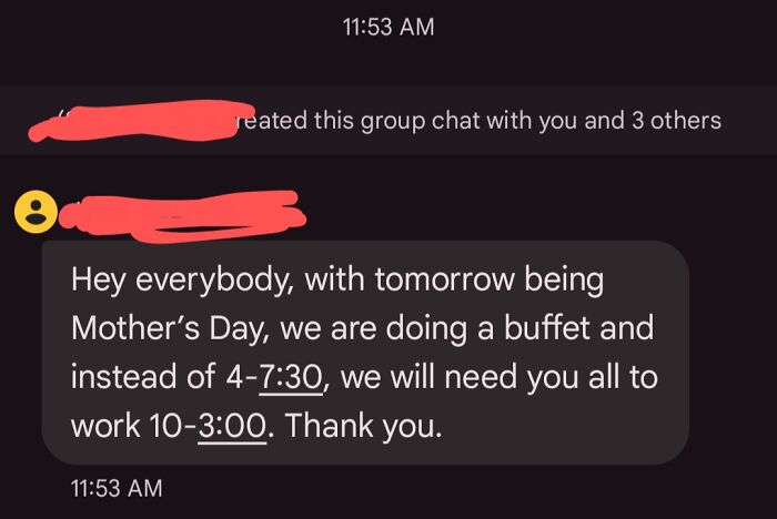 Work group chat message demanding extended shift hours on Mother's Day buffet
