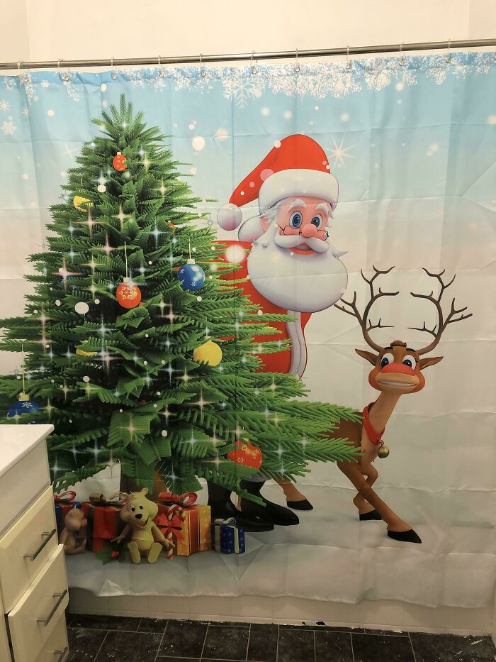 The Positioning Of Santa And Rudolph On Our New Shower Curtain