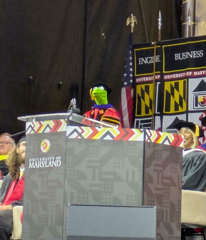 Kermit puppet delivering speech at University of Maryland event