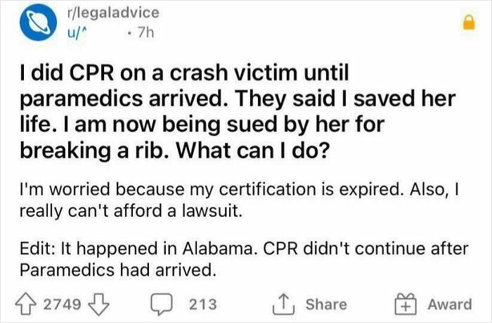Person sued for breaking rib after saving crash victim with CPR
