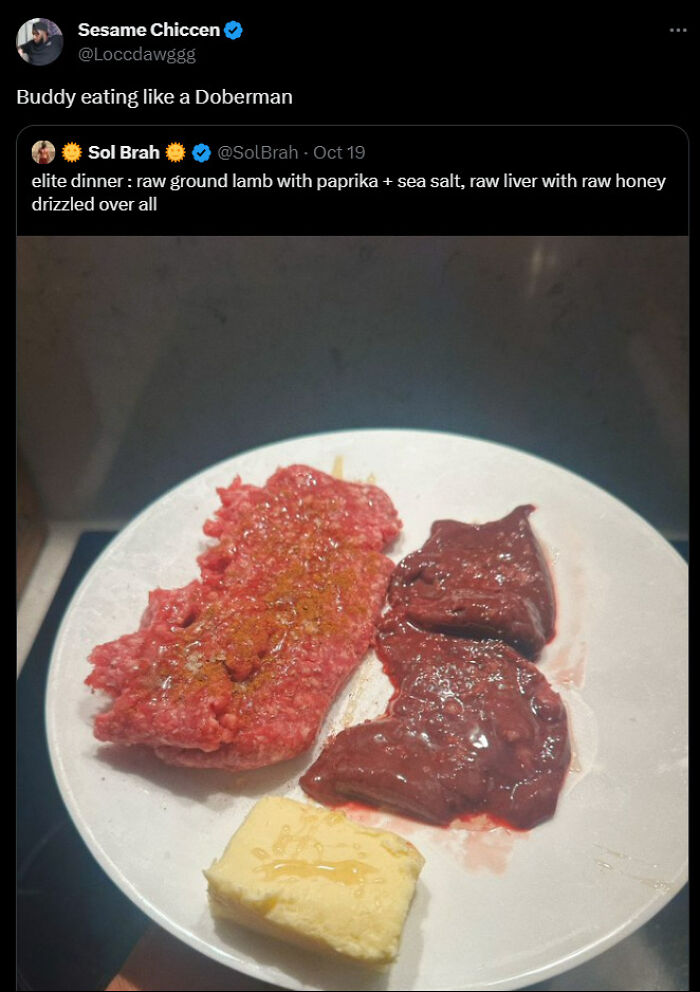 Raw ground lamb and liver with honey drizzle on plate for elite dinner