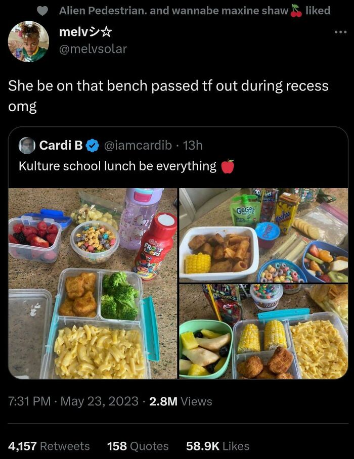 Varied school lunches including mac and cheese, corn, and fruit as disgusting dishes