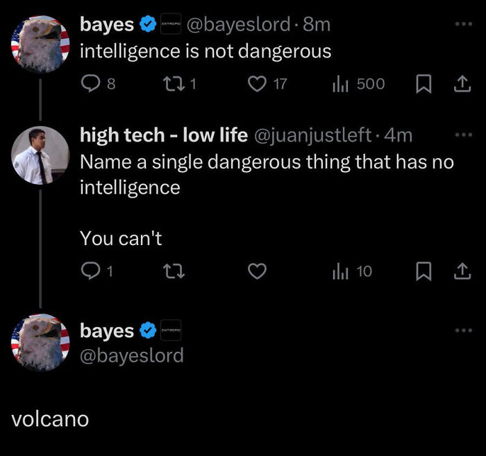 Twitter exchange about intelligence and dangerous things, mentioning volcano
