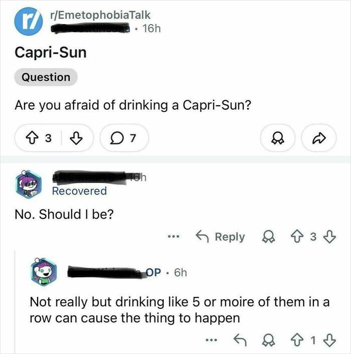 Reddit thread asking if anyone fears drinking Capri-Sun and responses about effects