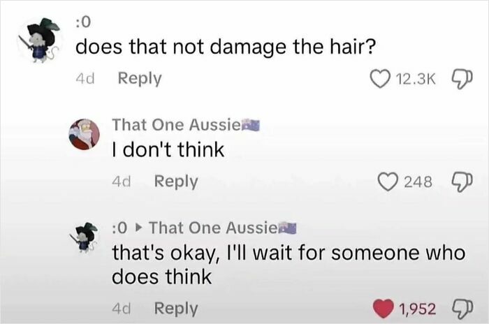 Social media comment exchange about hair damage and waiting for a knowledgeable reply