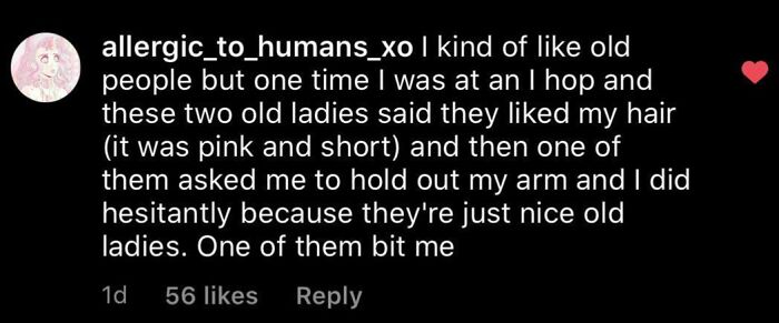 Real-life plot twist where a kind old lady unexpectedly bites a person at a restaurant