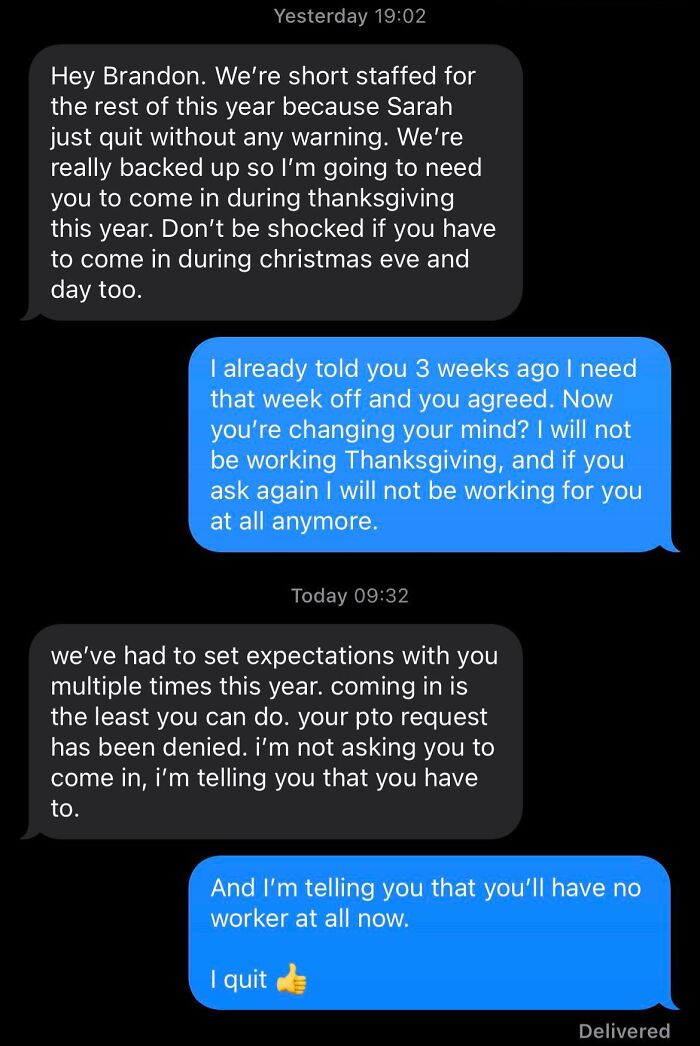 Text message exchange where employee quits after boss denies Thanksgiving time off and insists on working