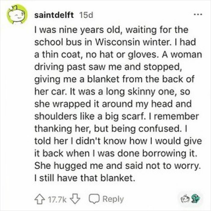 Text post about a kind woman giving a blanket on a cold Wisconsin winter day