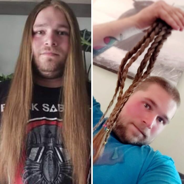 Before and after photos of man who cut and braided long hair for donation