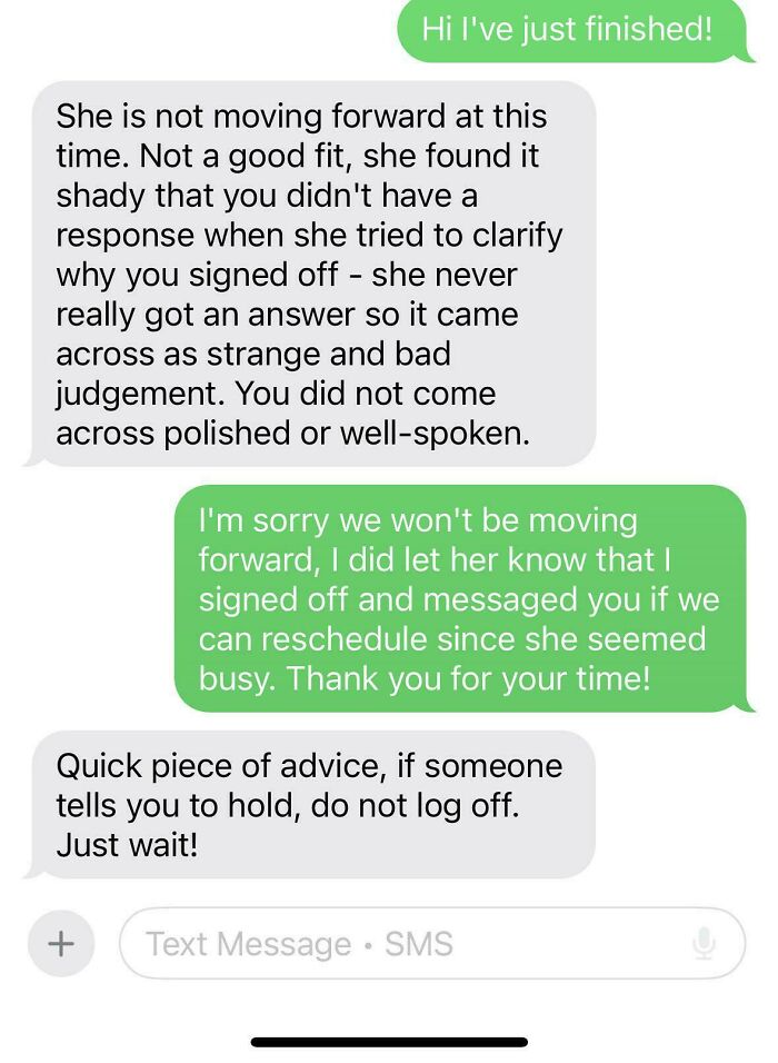 A baffling text message conversation from 'Recruiting Hell' about a job interview that went poorly due to a sign-off.