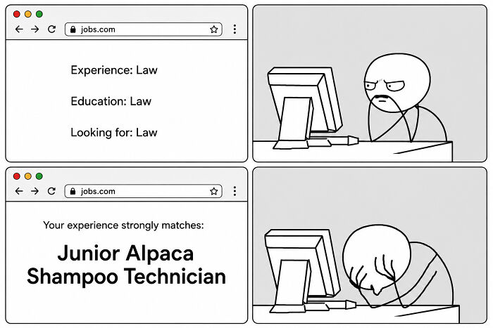 A comic from 'Recruiting Hell' about job searching for law positions but only getting an alpaca shampoo technician offer.