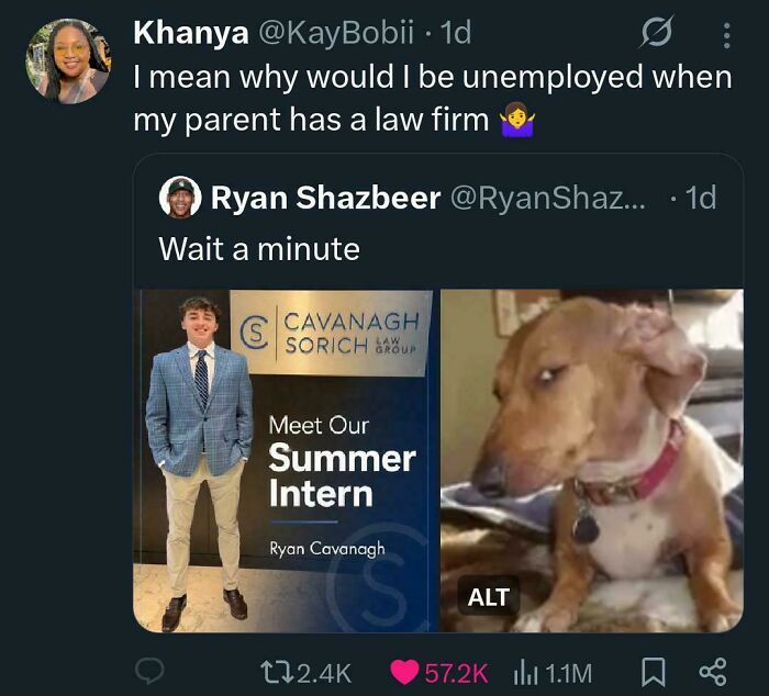 A baffling post from 'Recruiting Hell' showing a tweet about being unemployed with a law firm parent.
