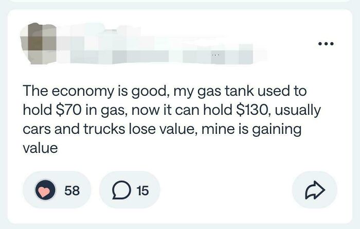 A screenshot of a hilarious online community post about gas prices and car value increasing with inflation.