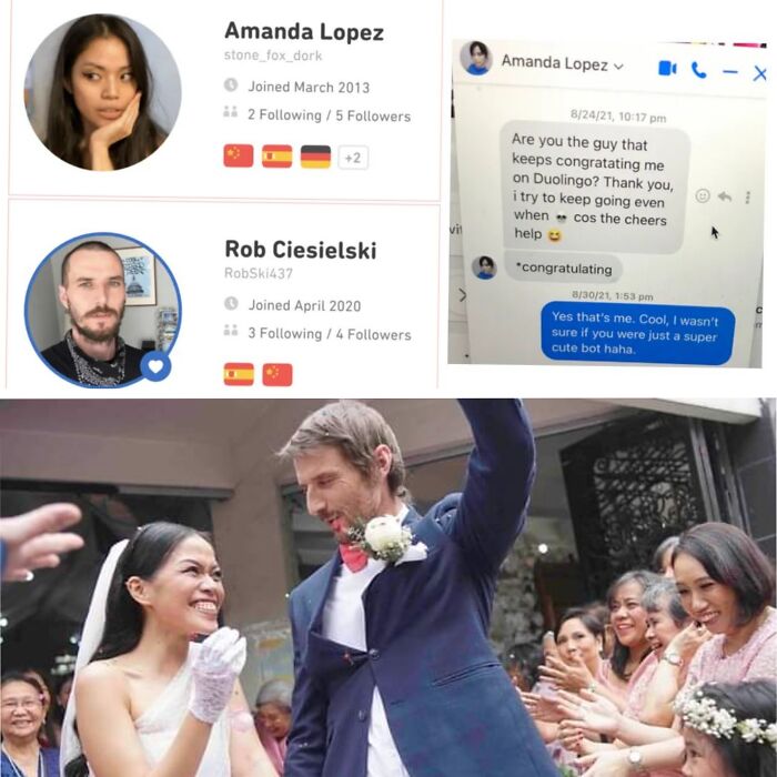 Couple wedding with Duolingo congratulating messages meme positivity posts