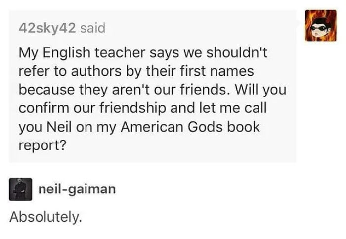 Neil Gaiman confirms casual first-name use in book report promoting friendly tone